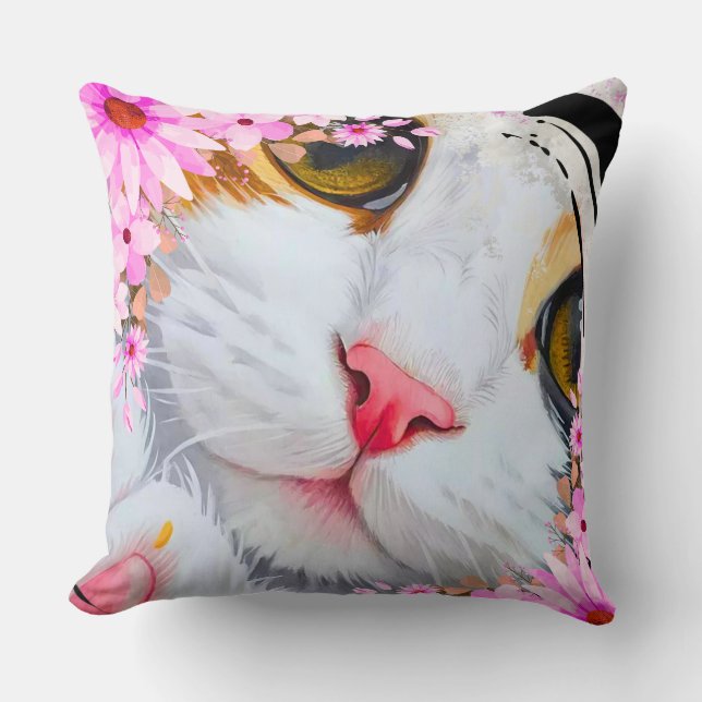 Colourful Pink Floral Kitty Accent Cushion (Front)