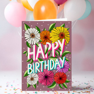 Colourful Pink Floral Personalised Happy Birthday Card