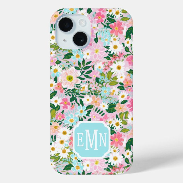 Colourful Pink Flower Garden Monogrammed Case-Mate iPhone Case (Back)