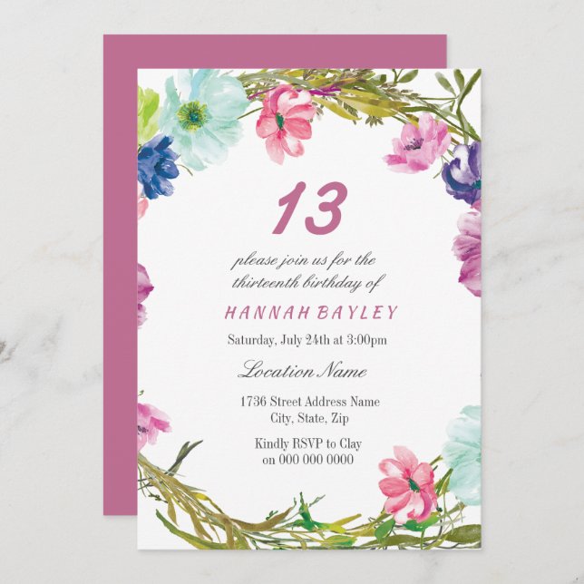 Colourful Pink Flowers Girls 13th Birthday Party Invitation (Front/Back)
