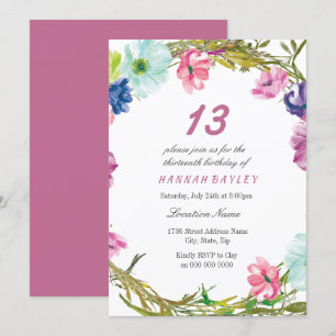 Colourful Pink Flowers Girls 13th Birthday Party Invitation