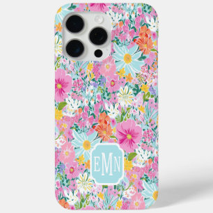 Colourful Pink Garden Monogrammed iPhone 15 Pro Max Case