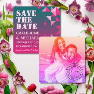 Colourful Pink & Green Geometric Wedding Photo Save The Date