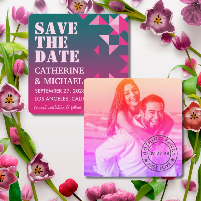 Colourful Pink & Green Geometric Wedding Photo Save The Date (Creator Uploaded)