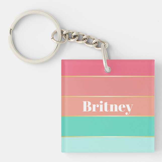 Colourful Pink Green Personalised Colour Stripes Key Ring (Front)