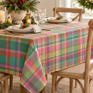 Colourful Pink Green Preppy Christmas Plaid Checks Tablecloth