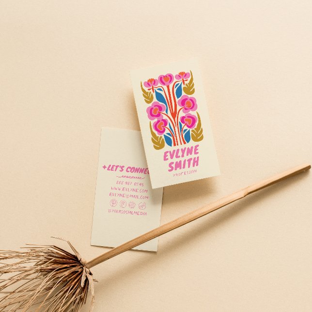 Colourful Pink Green Retro Hand Drawn  Floral Girl Business Card (Creator Uploaded)