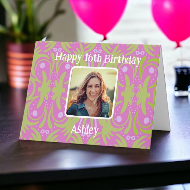 Colourful Pink Happy Birthday Photo Card Custom Ag (Customize this photo card with any age and any name. Have fun with it.)