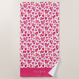 Colourful Pink Heart Pattern Personalised Beach Towel