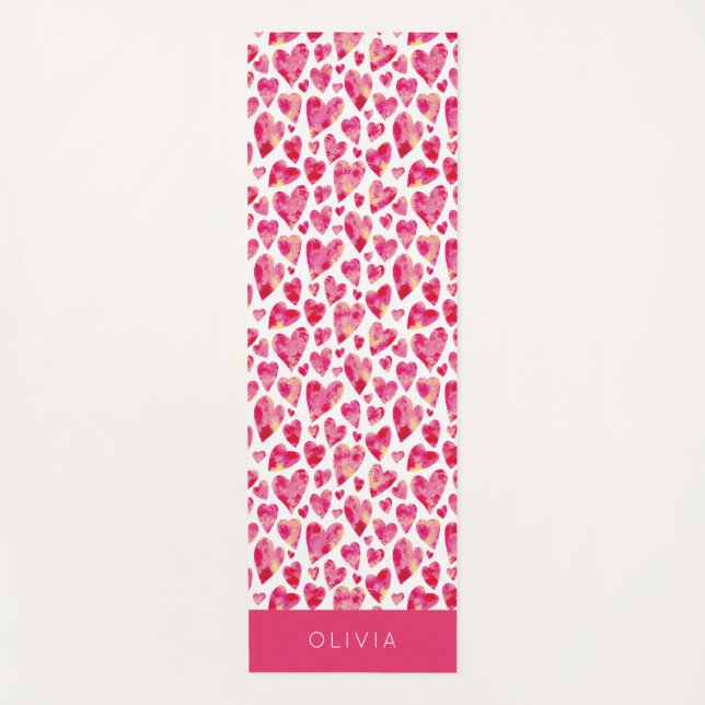 Colourful Pink Heart Pattern Personalised Yoga Mat (Front)
