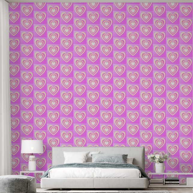 Colourful Pink Hearts Elegant Staggered Pattern Wallpaper (Bedroom)