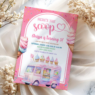 Colourful Pink Ice Cream Truck Here's The Scoop Invitation