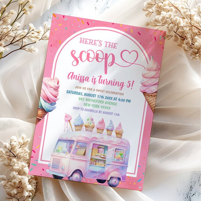 Colourful Pink Ice Cream Truck Here's The Scoop Invitation (Creator Uploaded)