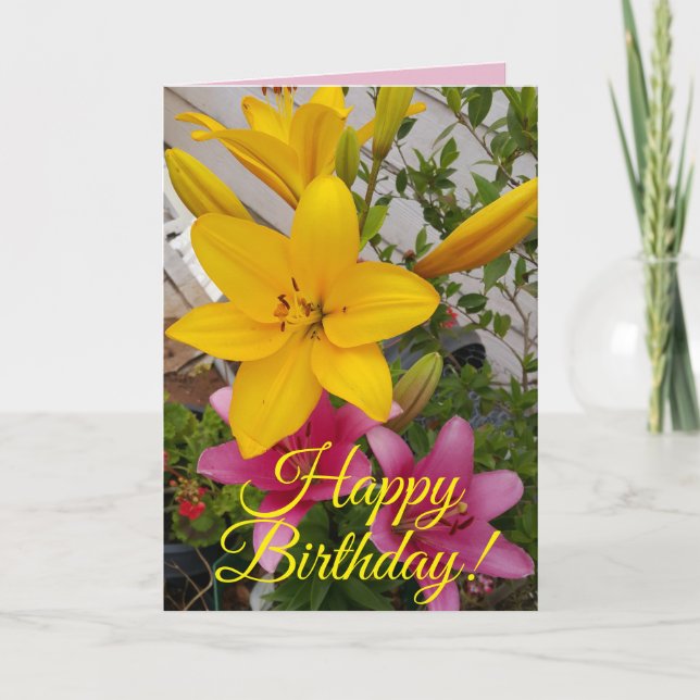 Colourful Pink Lily floral Flower Birthday Card (Front)