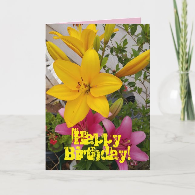 Colourful Pink Lily floral Flower Birthday Card (Front)