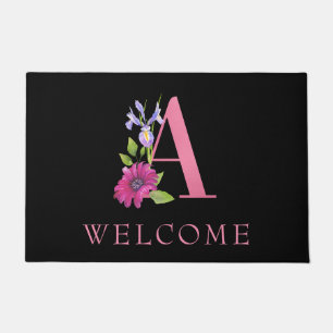 Colourful Pink  Monogram A with Beautiful Flowers Doormat