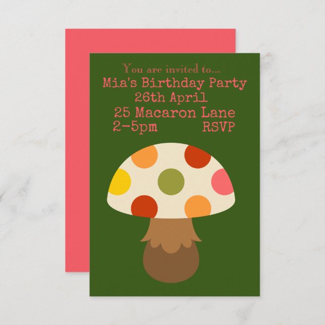 Colourful pink mushrooms girl's birthday party  in invitation (Front/Back)