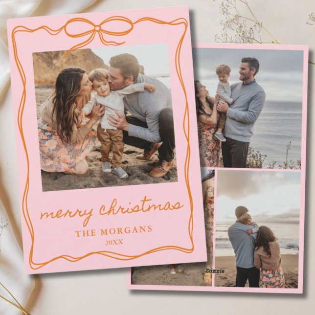 Colourful Pink & Orange Bow 4 Photo Family Holiday Card (Colorful Pink & Orange Bow 4 Photo Family Holiday Card
)