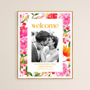 Colourful Pink Orange Floral Wedding Welcome Photo Poster