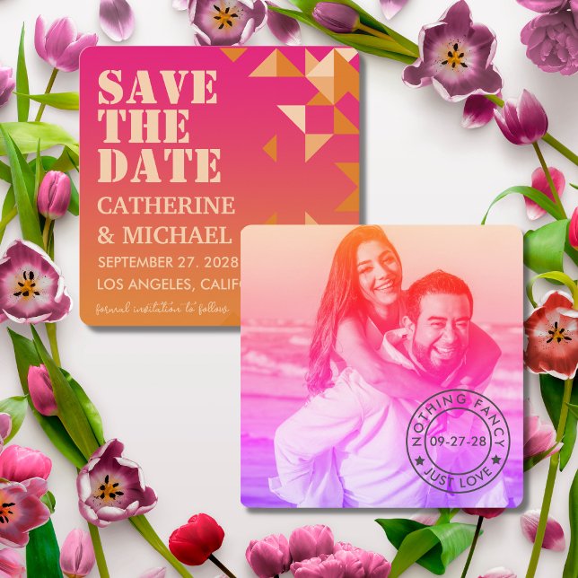 Colourful Pink & Orange Geometric Wedding Photo Save The Date (Creator Uploaded)
