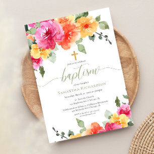 Colourful pink orange peonies baby girl baptism invitation