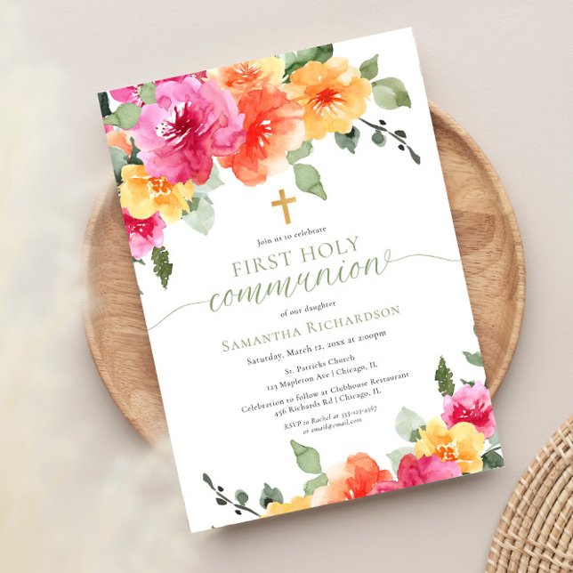 Colourful pink orange peonies first holy communion invitation (Creator Uploaded)