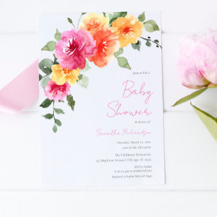 Colourful pink orange peonies girl baby shower invitation