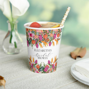 Colourful Pink Orange Tropical Floral Bridal Showe Paper Cups