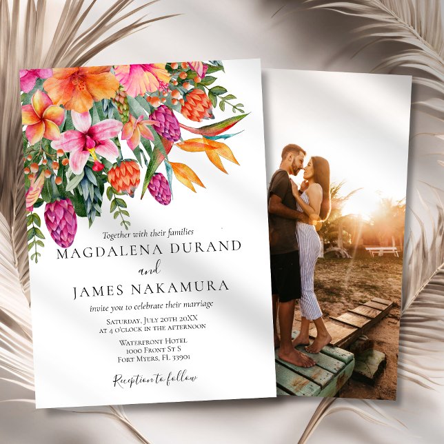 Colourful Pink Orange Tropical Floral Photo Weddin Invitation (Creator Uploaded)