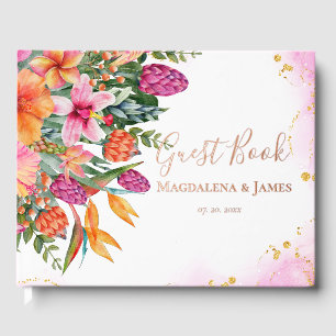 Colourful Pink Orange Tropical Flowers Wedding Guest Book