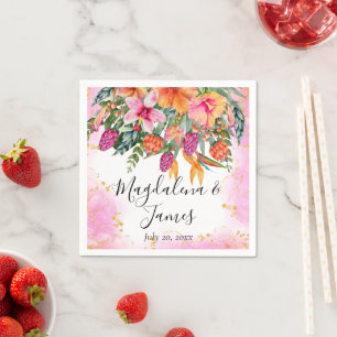 Colourful Pink Orange Tropical Flowers Wedding Napkin