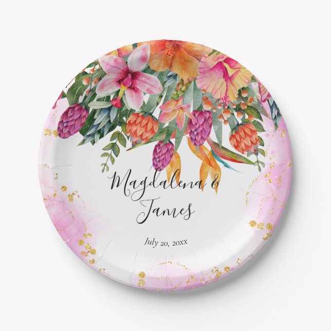Colourful Pink Orange Tropical Flowers Wedding Paper Plate (Front)