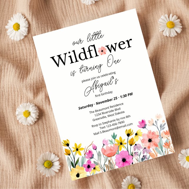 Colourful Pink Our Little Wildflower 1st Birthday Invitation (Creator Uploaded)
