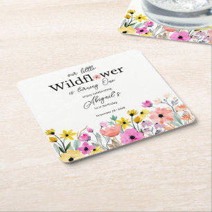 Colourful Pink Our Little Wildflower 1st Birthday Square Paper Coaster