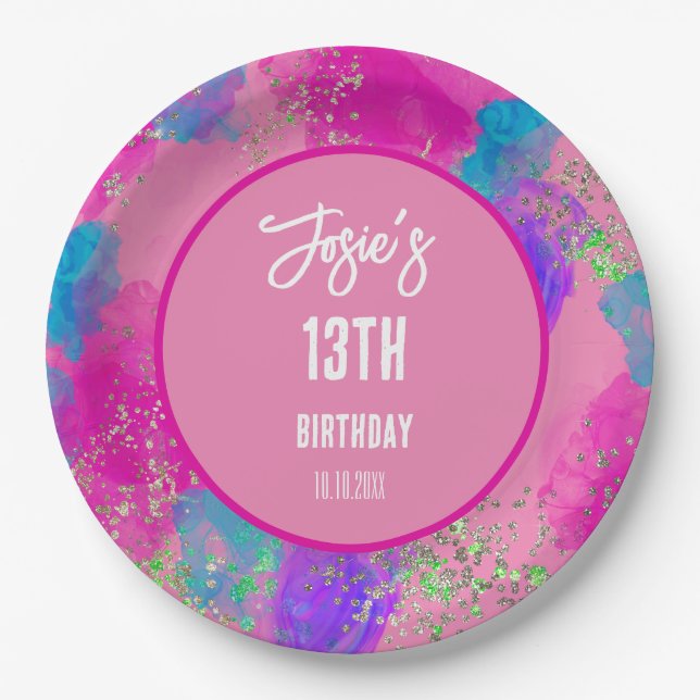 Colourful Pink Paint Splash Birthday Paper Plate (Front)