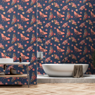 Colourful Pink, Peachy Moths & Flowers Pattern Wallpaper
