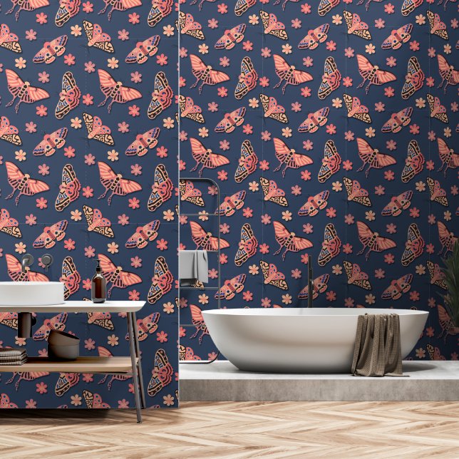 Colourful Pink, Peachy Moths & Flowers Pattern Wallpaper (Bathroom)