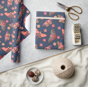 Colourful Pink, Peachy Moths & Flowers Pattern Wrapping Paper