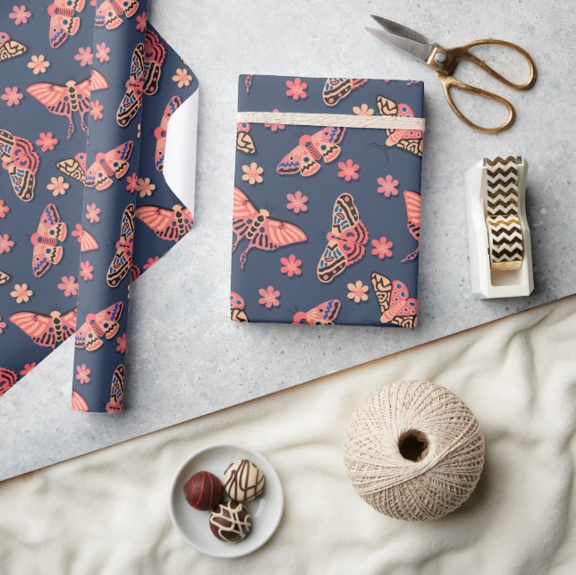 Colourful Pink, Peachy Moths & Flowers Pattern Wrapping Paper (Crafts)
