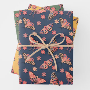 Colourful Pink, Peachy Moths & Flowers Pattern Wrapping Paper Sheet