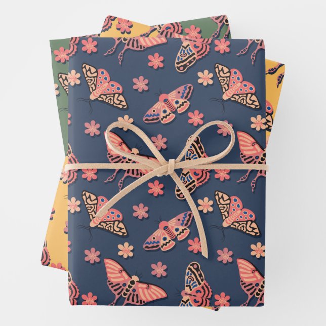 Colourful Pink, Peachy Moths & Flowers Pattern Wrapping Paper Sheet (In situ)