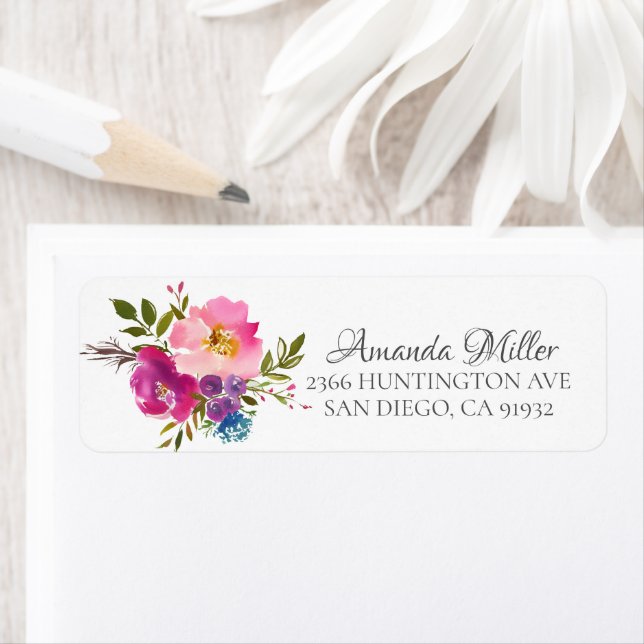 Colourful Pink & Purple Floral Return address Label (Insitu)