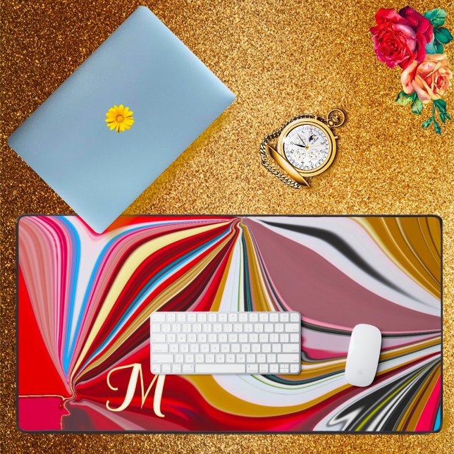Colourful Pink Red Gold Monogram Liquify Abstract  Desk Mat (Creator Uploaded)