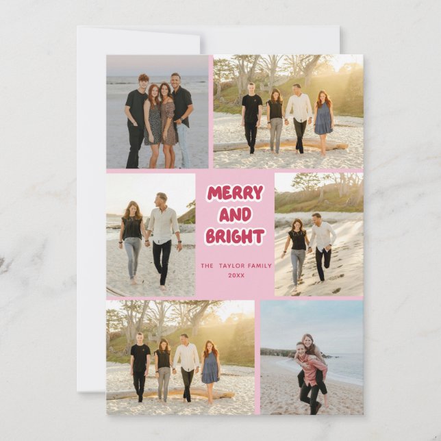 Colourful Pink Red Plaid Merry and Bright Christma Holiday Card (Front)