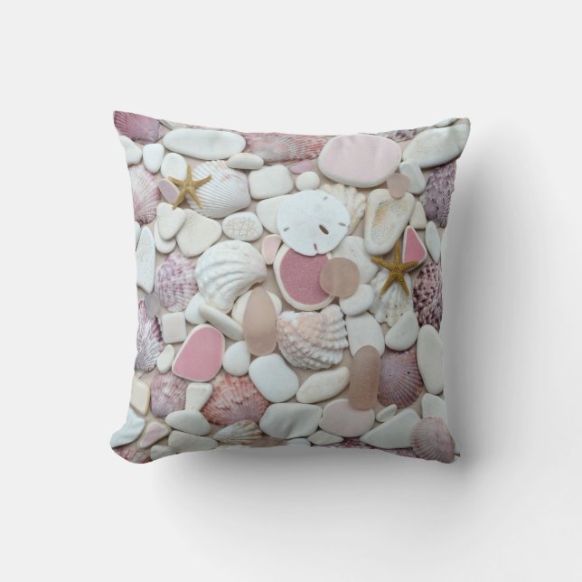 Colourful pink sea glass beach pottery photo cushion (Front)