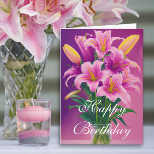 Colourful Pink Spring Tiger Lilies in Vase Birthda Card