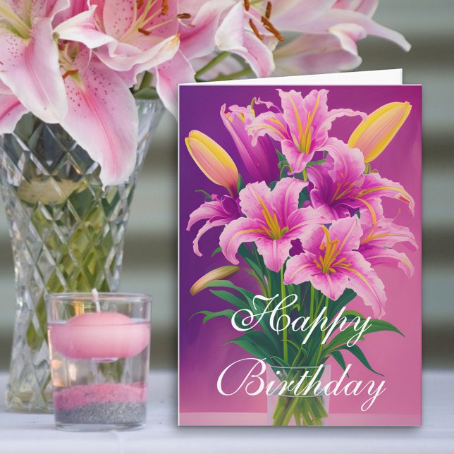 Colourful Pink Spring Tiger Lilies in Vase Birthda Card (Creator Uploaded)