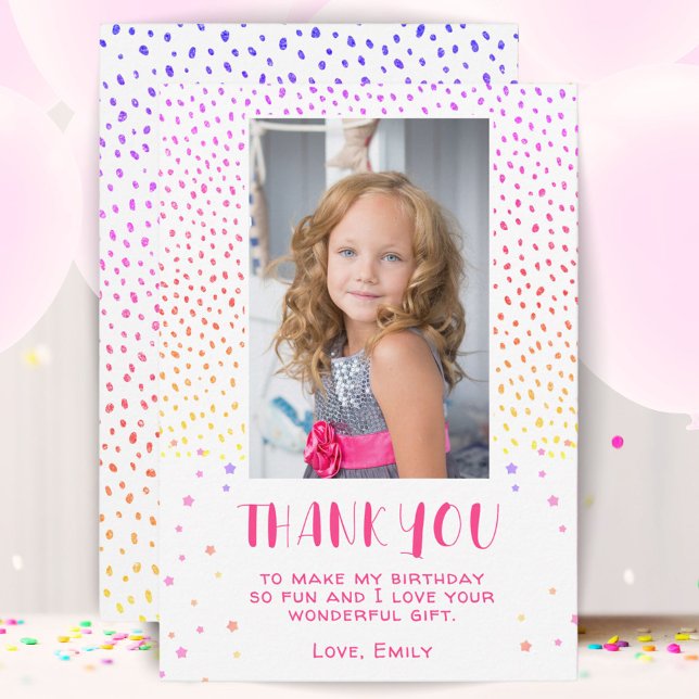 Colourful Pink Stars Birthday Kids Girl Photo Thank You Card (Creator Uploaded)