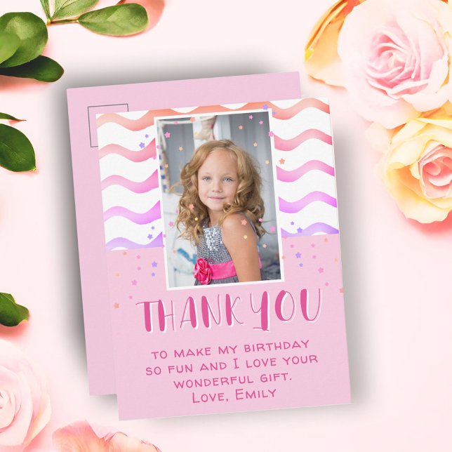 Colourful Pink Stars Birthday Thank you Girl Photo Postcard (Creator Uploaded)