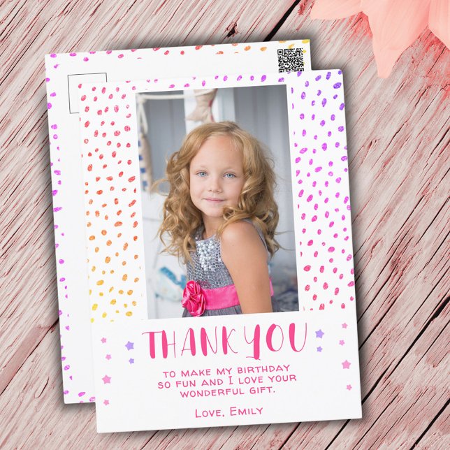Colourful Pink Stars Girl Photo Birthday Thank You Postcard (Creator Uploaded)